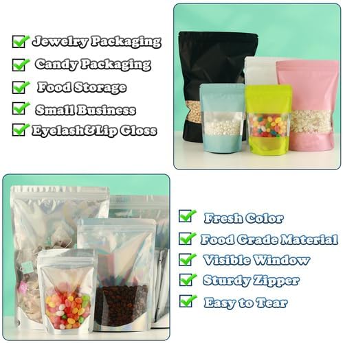 200 Pcs Mylar Bags for Food Storage 4x6 Mylar Bag with Window, Foil Stand Up Resealable Bags for Food, Smell Proof Bag Freeze Dried Candy Packaging Sealable Pouch Jewelry Bracelet Pouch Black