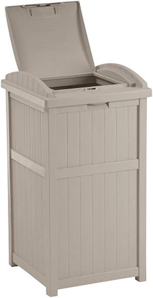Suncast 2 Pack 33 Gallon Durable Plastic Hideaway Outdoor Garbage Can with Secure Lid and Wicker Design for Home Backyards, 1 Java Brown and 1 Taupe