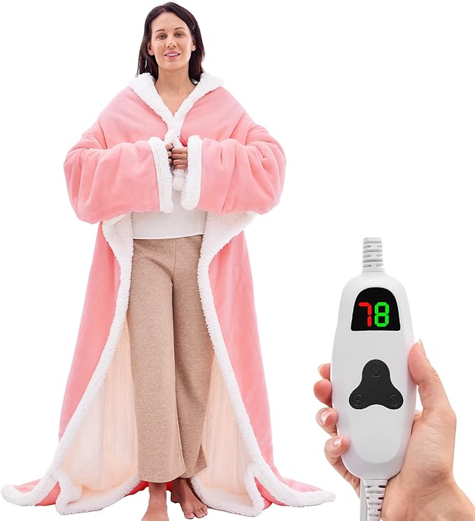 Wearable Heated Throw Blanket Electric Snuggle - Heated Robe with Foot Pocket for Adult, Winter Gifts for Mom Women 5-Position Timer 10-Heating Levels,50 * 70",Pale pink