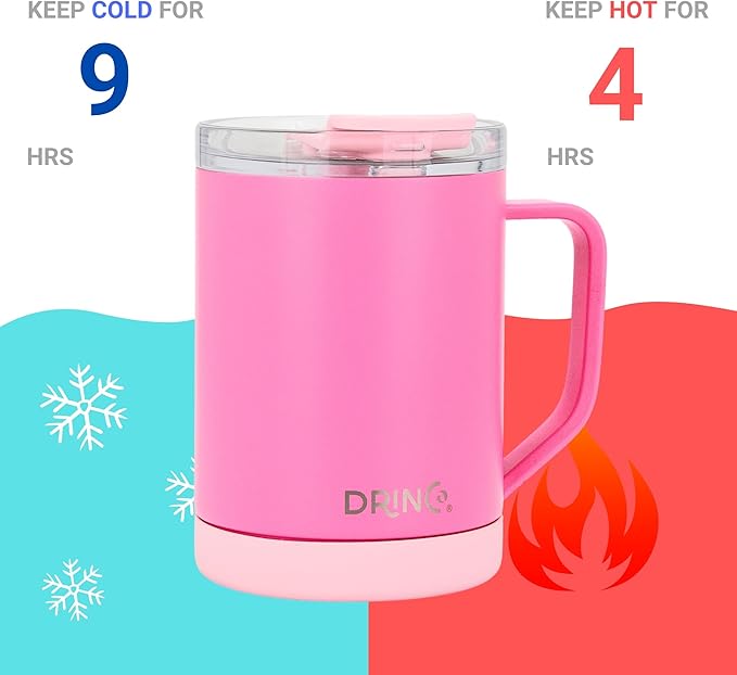 Drinco 16 oz Coffee Mug, Vacuum Insulated Camping Mug with Lid, Double Wall Stainless Steel Travel Mug Insulated Tumblers Coffee Mugs Coffee Cups Tea Cup (16oz Island Pink)