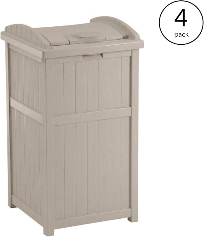 Suncast 4 Pack 15.75" x 16" x 31.6" Trash Hideaway 33 Gallon Resin Outdoor Commercial Garbage Container with Lid for Backyard, Deck, or Patio in Taupe