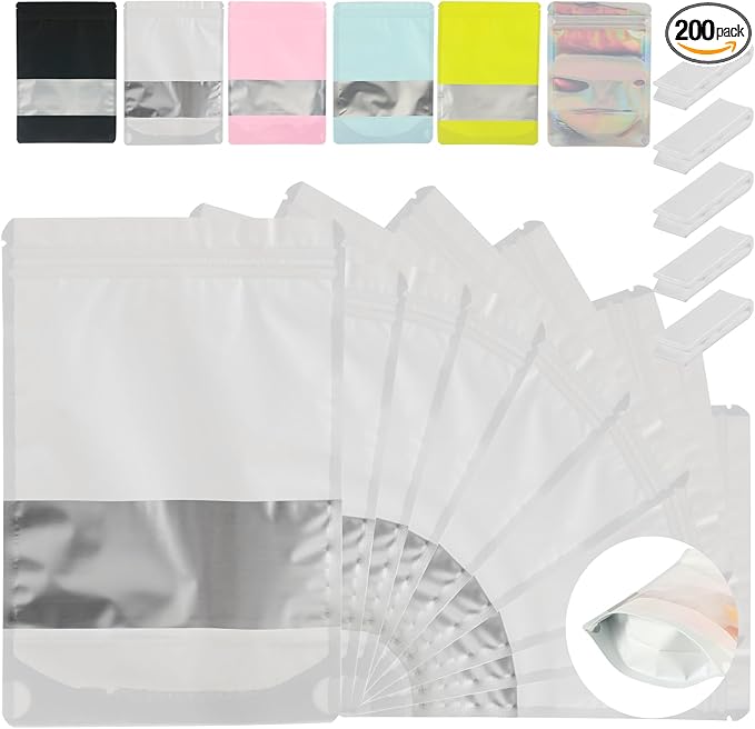 200 Pcs Mylar Bags for Food Storage 5x8 Mylar Bag with Window, Foil Stand Up Resealable Bags for Food, Smell Proof Bag Freeze Dried Candy Packaging Sealable Pouch Jewelry Bracelet Pouch