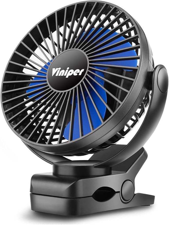 Viniper 6 inch Rechargeable Clip on Fan, 5000mah Battery Desk Fan : 360° Rotation & 3 Speeds Strong Wind Portable Fan, 8-30 Working Hours, Quiet and Powerful (Black,blue)
