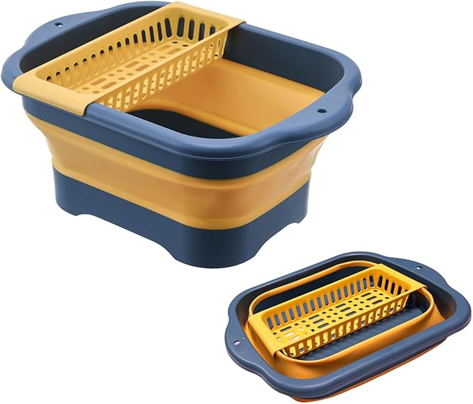 11L（2.91 Gallon） Collapsible Dish Basin with Drain Plug, Space Saving Outdoor Multiuse Foldable Sink Tub, Dishpan, Portable Kitchen Storage Tray for Vegetable Washing, Camping, RV (Yellow)