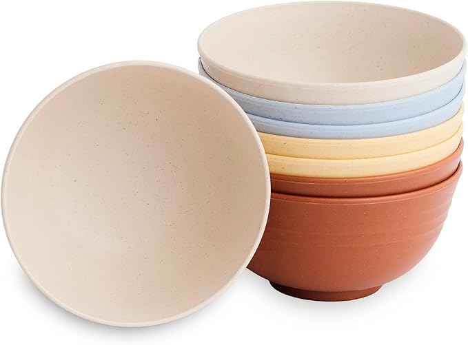 Nook Theory Reusable Wheat Straw Bowls 8 Pcs - 26 Oz Cereal Bowl, Non-Toxic Kids and Toddler Bowl, Microwavable, Dishwasher Safe and Unbreakable Dinnerware (Mellow)
