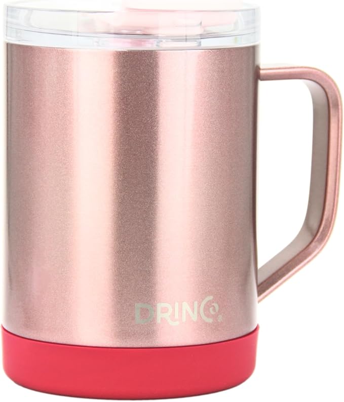 Drinco 16 oz Coffee Mug, Vacuum Insulated Camping Mug with Lid, Double Wall Stainless Steel Travel Mug Insulated Tumblers Coffee Mugs Coffee Cups Tea Cup (16oz Bling Rose Gold)
