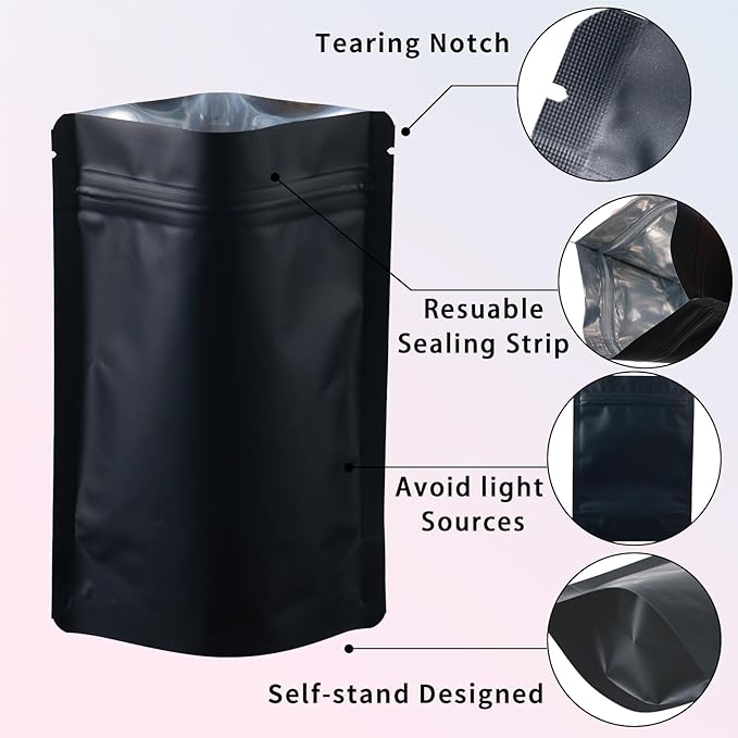200 Pcs Mylar Bags for Food Storage 5x7 Smell Proof Bag Stand Up, Foil Resealable Bags for Food, Freeze Dried Candy Packaging Sealable Pouch Jewelry Bracelet Pouch for Small Business, Black