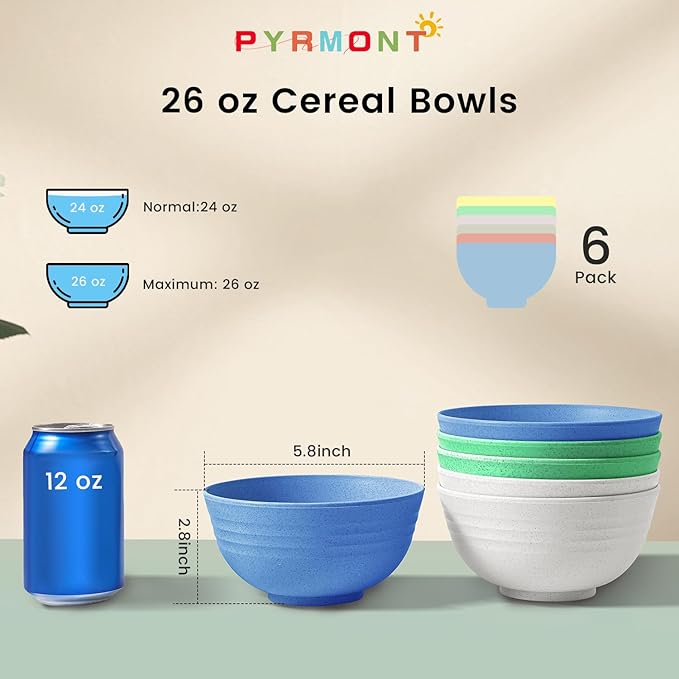 PYRMONT Wheat Straw Cereal Bowls Set, 6 Unbreakable 26 OZ Reusable Plastic Bowls for Kitchen, Dishwasher & Microwave Safe, Serving Soup, Salad, Oatmeal, Ramen, Noodles, Camping