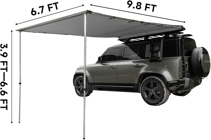 Vehicle Awning, 6.7'x10' Roof Rack Pull-Out Awning with Ripstop UV50+ Sun Shade, Weatherproof Side Camper Awning, 4x4 Car Awning for Camping & Overland