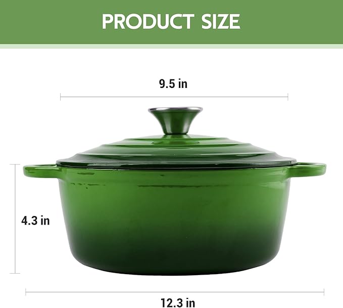 4.5 Quart Dutch Oven Enameled Cast Iron with Lid - Big Dual Handles - Oven Safe up to 500°F - Classic Round Pot for Versatile Cooking Green