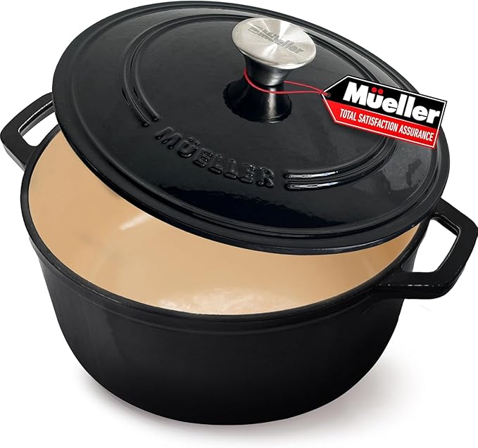 MÜELLERHOME 4.5 QT Enameled Cast Iron Dutch Oven, Heavy-Duty Casserole Dish and Braiser Pan with Lid and Stainless Knob, Oven-Safe up to 500° F & Across All Cooktops, Black