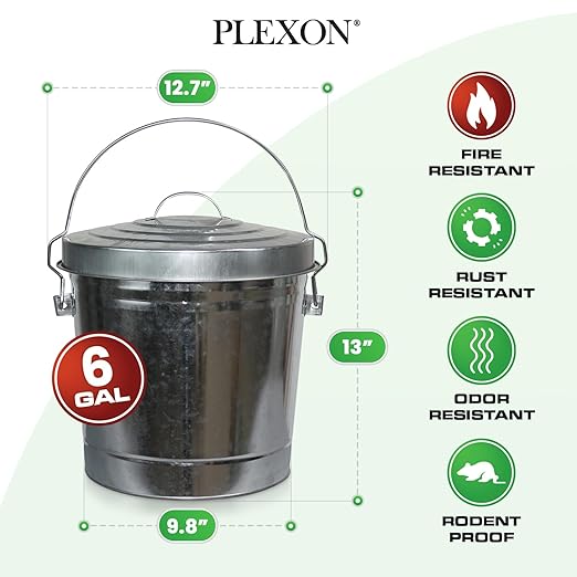 Plexon Metal Trash Can with Locking Lid Outdoor Storage Bucket for Bird Seed Ash 6-Gallon Galvanized Steel 2 Pack