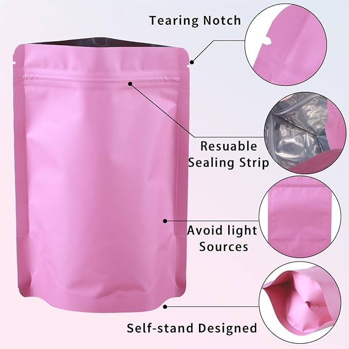 200 Pcs Mylar Bags for Food Storage 5x7 Smell Proof Bag Stand Up, Foil Resealable Bags for Food, Freeze Dried Candy Packaging Sealable Pouch Jewelry Bracelet Pouch for Small Business, Pink