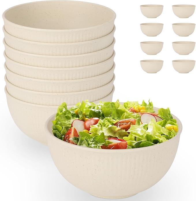 Wheat Straw Cereal Bowls Set of 8, Unbreakable Cereal Bowl 28 oz, Microwave and Dishwasher Safe Reusable Bowls Sets for Oatmeal, Ramen, Salads & Soups, Beige