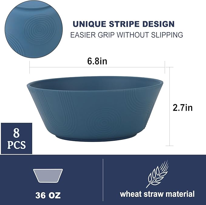 PYRMONT 36 OZ Wheat Straw Bowls Set of 8 Large Cereal Bowls Reusable Soup Bowls Microwave & Dishwasher Safe Unbreakable Bowls Kitchen for Cereal,Salad, Rice,Noodles - Multi