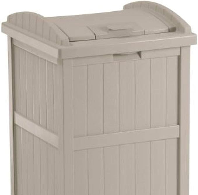 Suncast 2 Pack 33 Gallon Durable Plastic Hideaway Outdoor Garbage Can with Secure Lid and Wicker Design for Home Backyards, 1 Java Brown and 1 Taupe