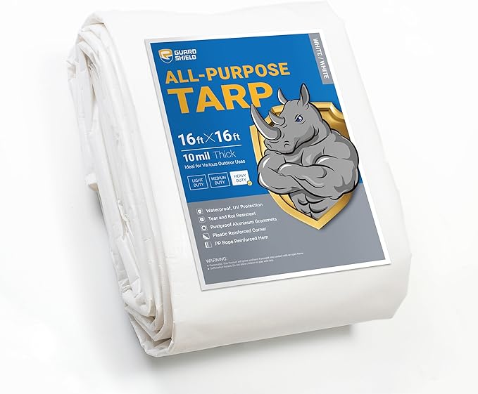 GUARD SHIELD Heavy Duty Tarp 16x16 Feet White Multi Purpose Thick Waterproof Poly Tarp Cover 10mil