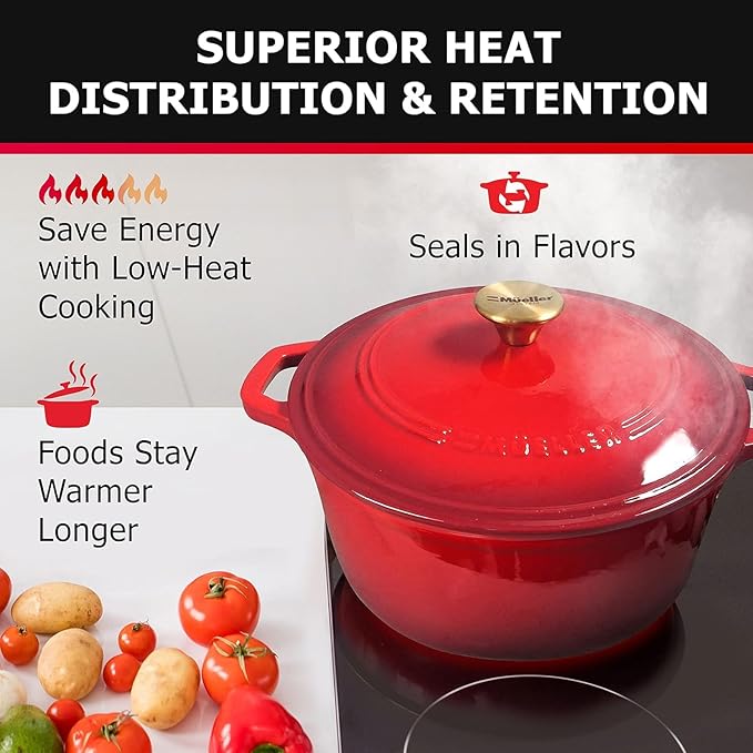 MÜELLERHOME 7.5 QT Enameled Cast Iron Dutch Oven, Heavy-Duty Casserole Dish and Braiser Pan with Lid and Stainless Knob, Oven-Safe up to 500° F & Across All Cooktops, Red
