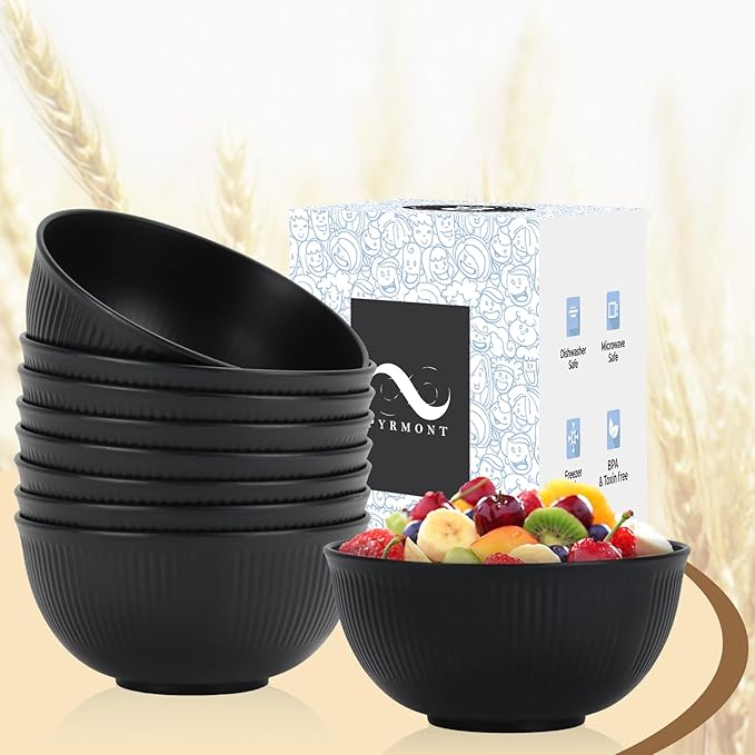 PYRMONT Cereal Bowl Sets of 8 Unbreakable Lightweight 26 OZ Bowls Set Microwave and Dishwasher Safe Wheat Straw Bowls for Soup, Oatmeal, Pasta, and Salad(Black)