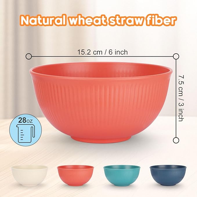 Wheat Straw Cereal Bowls Set of 8, Unbreakable Cereal Bowl 28 oz, Microwave and Dishwasher Safe Reusable Bowls Sets for Oatmeal, Ramen, Salads & Soups, Multicolor
