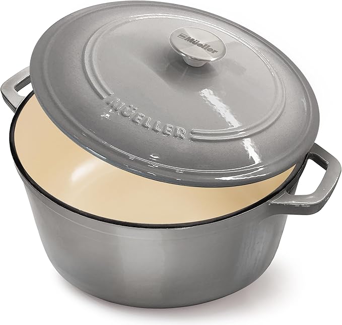MÜELLERHOME 4.5 QT Enameled Cast Iron Dutch Oven, Heavy-Duty Casserole Dish and Braiser Pan with Lid and Stainless Knob, Oven-Safe up to 500° F & Across All Cooktops, Grey