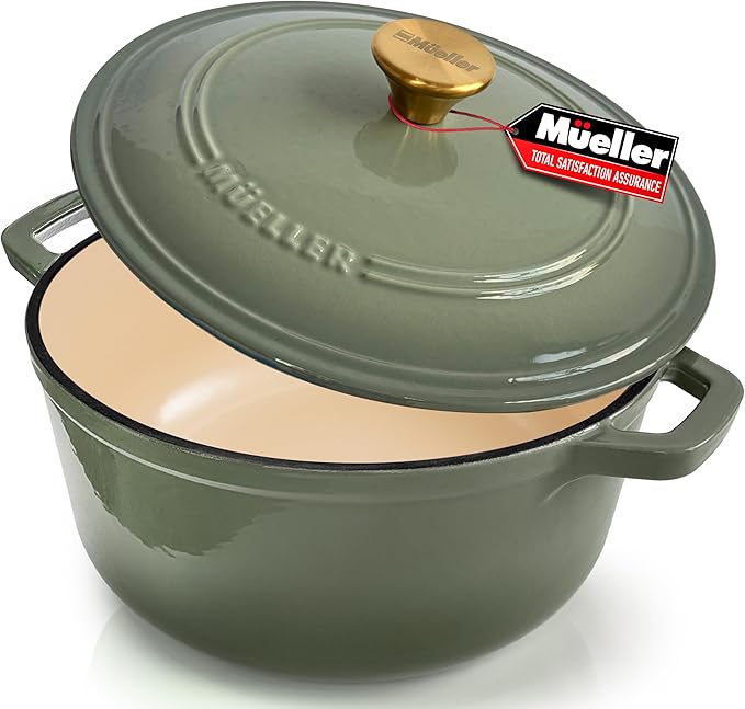 MÜELLERHOME 6 Quart Enameled Cast Iron Dutch Oven For Sourdough Bread Baking, Heavy-Duty, Oven-Safe up to 500° F & Across All Cooktops, Casserole Dishes, Green Kitchen Accessories, Thyme Green