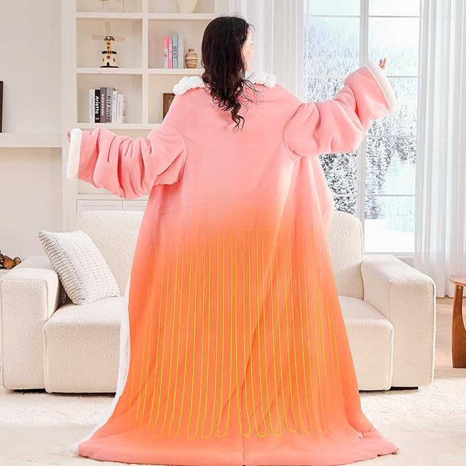 Wearable Heated Throw Blanket Electric Snuggle - Heated Robe with Foot Pocket for Adult, Winter Gifts for Mom Women 5-Position Timer 10-Heating Levels,50 * 70",Pale pink