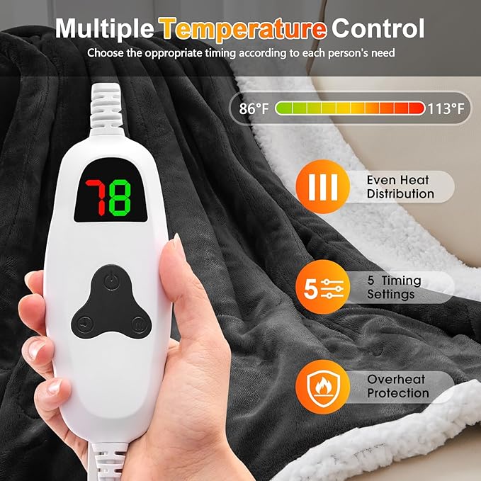 Wearable Heated Throw Blanket Electric Shawl - Heated Robe Poncho Blanket Hoodie for Adult, Winter Gifts for Mom Women Girlfriend Grandma 5-Position Timer 10-Heating Levels,Black