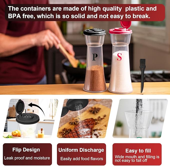 Set of 2 Clear Salt and Pepper Shakers, Plastic Spice Jars with Colorful Lids, Leakproof Moisture-Proof for Home Kitchen Restaurant, Camping, Travel, Picnic (Black Red)