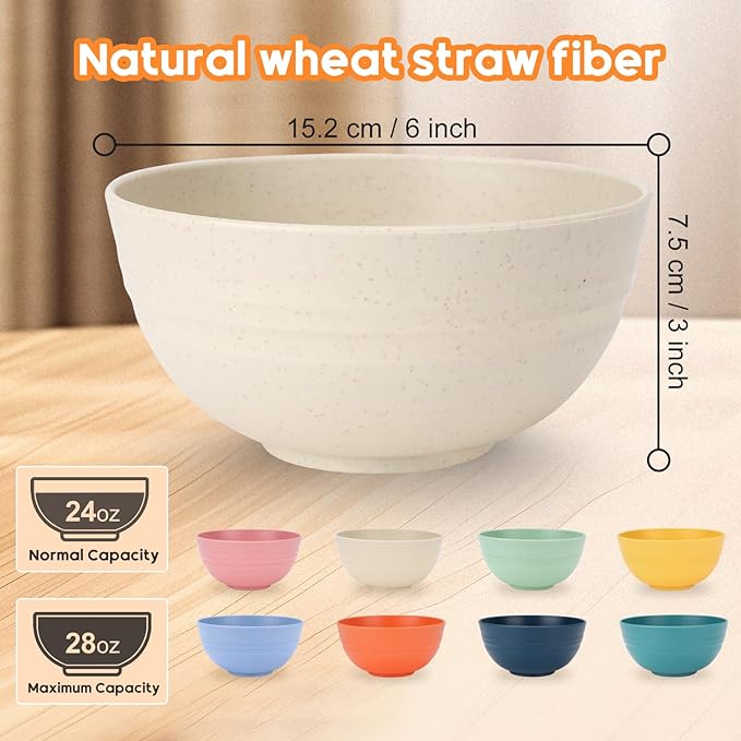 Unbreakable Cereal Bowls Set of 8, 28 Oz Wheat Straw Bowl Sets, Microwave & Dishwasher Safe Bowls for Kitchen, Reusable Plastic Bowl for Soup, Salad, Rice, Snack, BPA Free, Multicolor