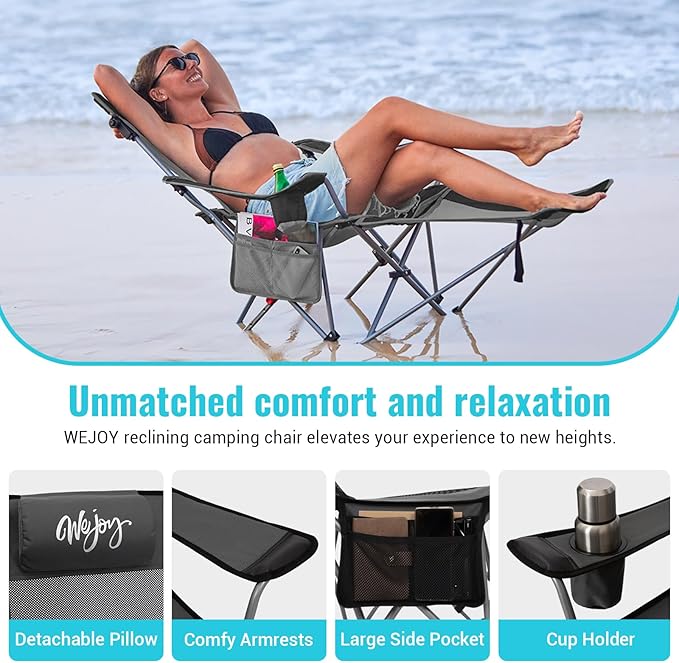 #WEJOY 2-in-1 Reclining Camping Chair with Footrest for Adults Folding Lounge Chair with Adjustable Backrest Lightweight Camping Chairs Heavy Duty Camp Chairs for Outdoor