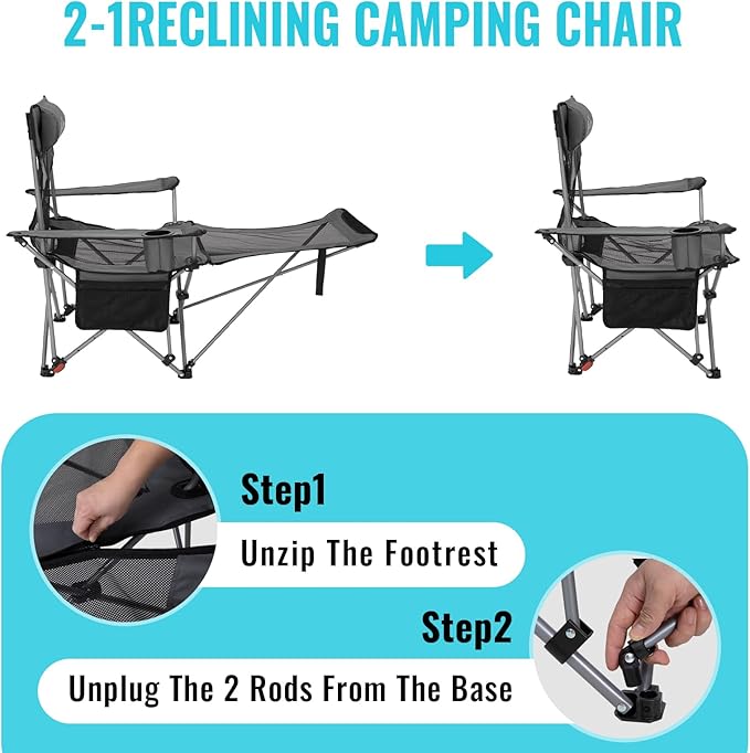 #WEJOY 2-in-1 Reclining Camping Chair with Footrest for Adults Folding Lounge Chair with Adjustable Backrest Lightweight Camping Chairs Heavy Duty Camp Chairs for Outdoor