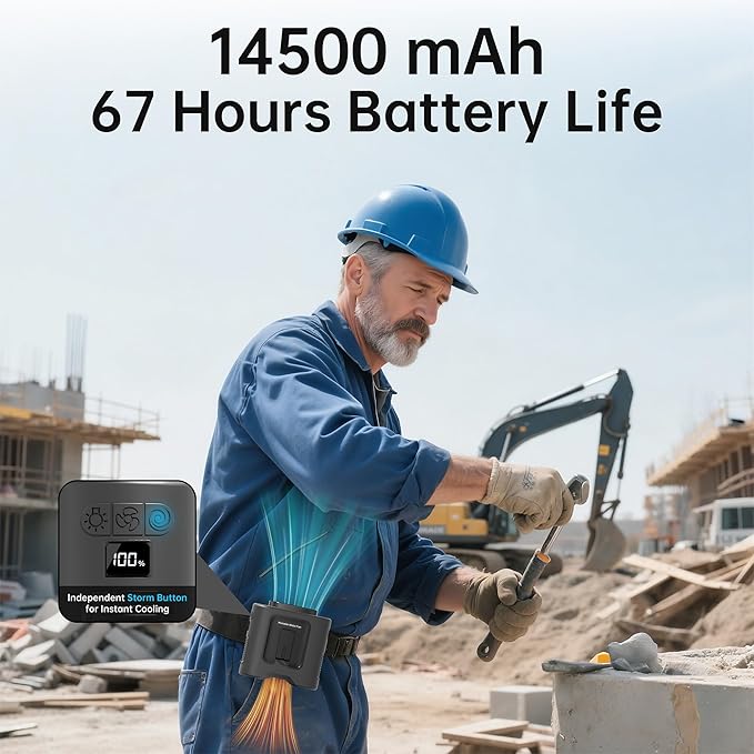 PANERGY Portable Waist Fan, 67H Runtime Wearable Fan with 4+1 Speeds, Storm Mode, 14500mAh Rechargeable Belt Fan with Dual Clip, Flashlight for Outdoor Jobsite(Black)
