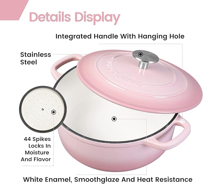 Enameled Cast Iron Covered 5.5 Quart Dutch Oven with Dual Handle, Dutch Ovens with Lid for Bread Baking, Pink