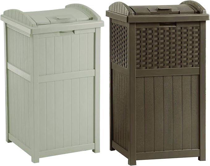 Suncast 33 Gallon Trash Hideaway Easy Assembly Durable Plastic Garbage Container with Wood Look Design, 1 Beige and Brown (2 Pack)