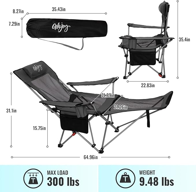 #WEJOY 2-in-1 Reclining Camping Chair with Footrest for Adults Folding Lounge Chair with Adjustable Backrest Lightweight Camping Chairs Heavy Duty Camp Chairs for Outdoor