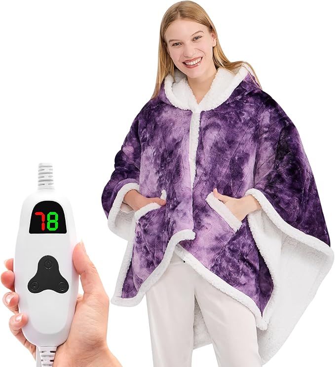 Wearable Heated Throw Blanket Electric Shawl - Heated Robe Poncho Blanket Hoodie for Adult, Winter Gifts for Mom Women Girlfriend Grandma 5-Position Timer 10-Heating Levels.Tie Purple