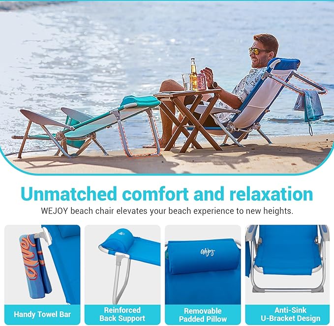 #WEJOY Folding Beach Chair for Adults, 4-Position Aluminum Lightweight Beach Chair, Low Sands Chairs with Shoulder Strap, Cup Holder and Padded Headrest, Supports 265lbs for Lawn