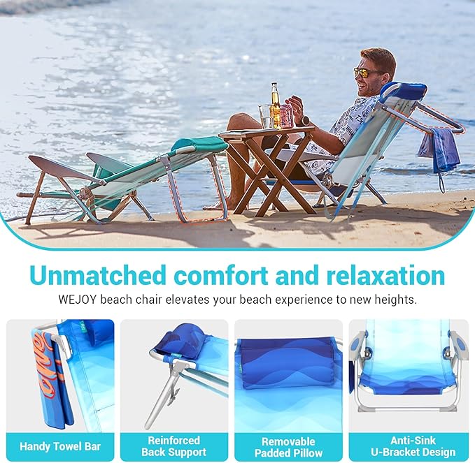 #WEJOY Folding Beach Chair for Adults, 4-Position Aluminum Lightweight Beach Chair, Low Sands Chairs with Shoulder Strap, Cup Holder and Padded Headrest, Supports 265lbs for Lawn