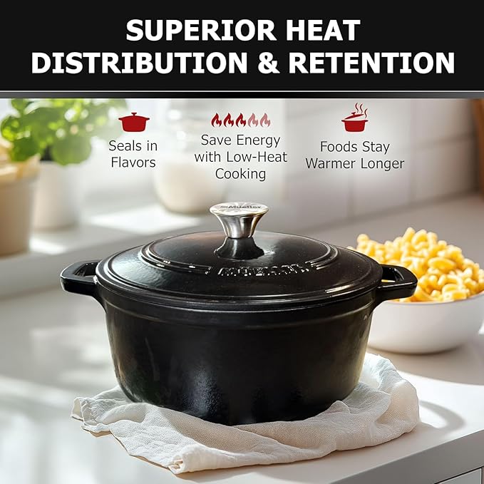 MÜELLERHOME 7.5 QT Enameled Cast Iron Dutch Oven, Heavy-Duty, Oven-Safe up to 500° F & Across All Cooktops, Casserole Dish and Braiser Pan with Lid and Stainless Knob, Black