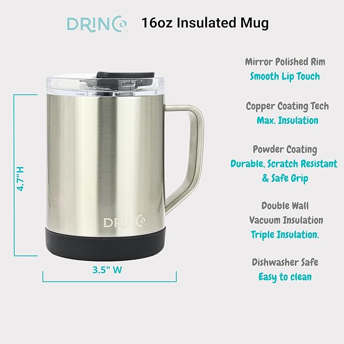 Drinco 16 oz Coffee Mug, Vacuum Insulated Camping Mug with Lid, Double Wall Stainless Steel Travel Mug Insulated Tumblers Coffee Mugs Coffee Cups Tea Cup (16oz Brushed)