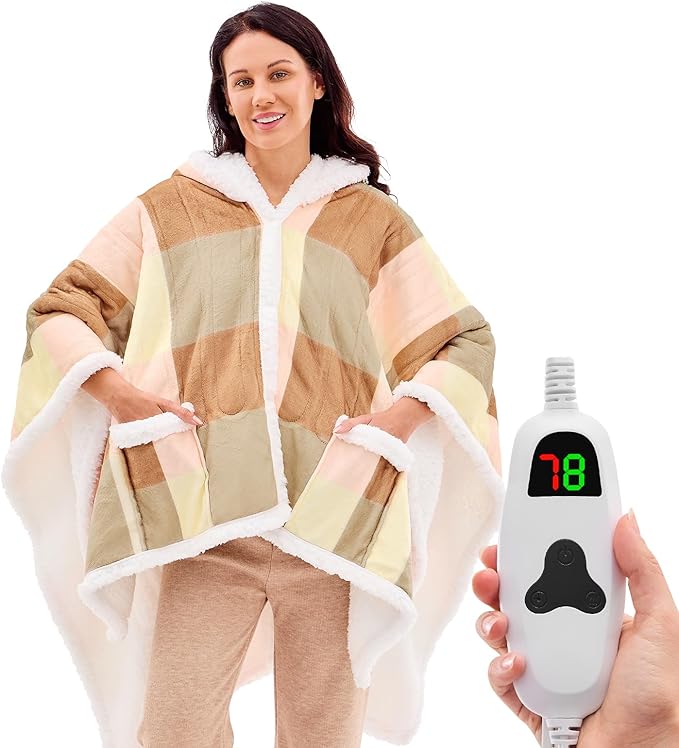 Wearable Heated Throw Blanket Electric Shawl - Heated Robe Poncho Blanket Hoodie for Adult, Winter Gifts for Mom Women Girlfriend Grandma 5-Position Timer 10-Heating Levels,Pink Plaid