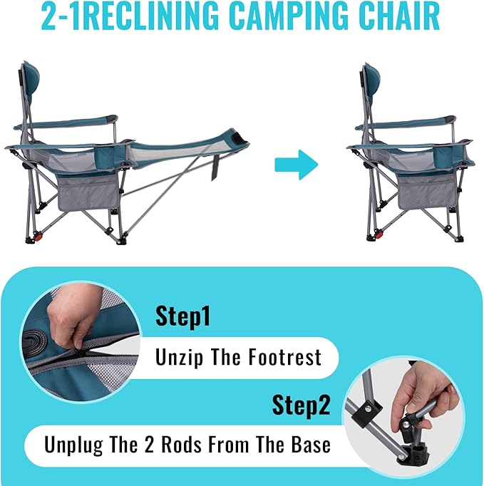 #WEJOY 2-in-1 Reclining Camping Chair with Footrest for Adults Folding Lounge Chair with Adjustable Backrest Lightweight Camping Chairs Heavy Duty Camp Chairs for Outdoor