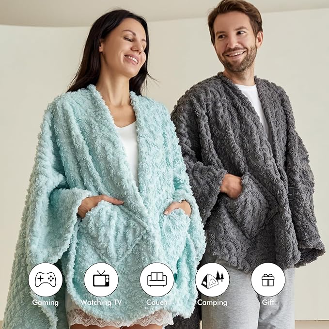 Royoliving Fuzzy Sherpa Wearable Fleece Blanket with Pockets for Adults, Ultra Soft Plush Shawl Throw Blankets (Mint, 58'' x 64'')