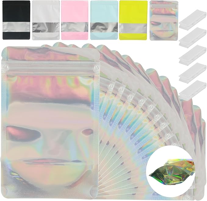 200 Pcs Mylar Bags for Food Storage 4x6 Mylar Bag with Window, Stand Up Holographic Resealable Bags for Food, Smell Proof Bag Freeze Dried Candy Sealable Pouch Jewelry Bracelet Packaging