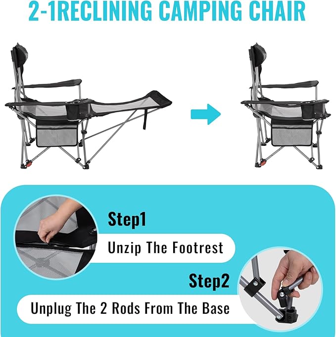 #WEJOY 2-in-1 Reclining Camping Chair with Footrest for Adults Folding Lounge Chair with Adjustable Backrest Lightweight Camping Chairs Heavy Duty Camp Chairs for Outdoor