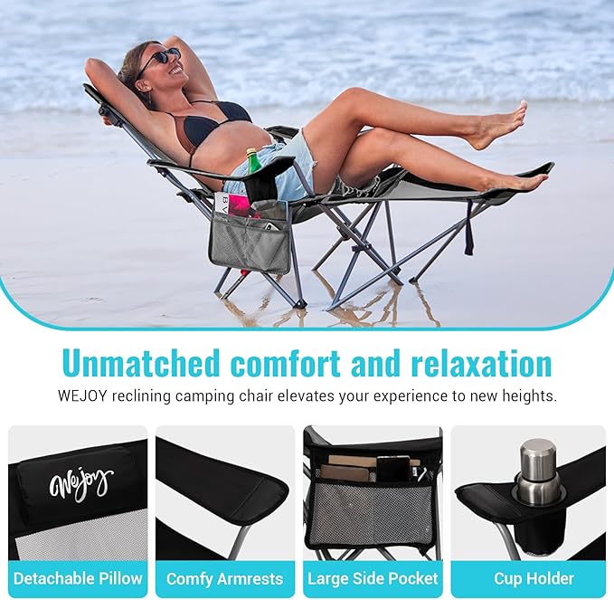 #WEJOY 2-in-1 Reclining Camping Chair with Footrest for Adults Folding Lounge Chair with Adjustable Backrest Lightweight Camping Chairs Heavy Duty Camp Chairs for Outdoor