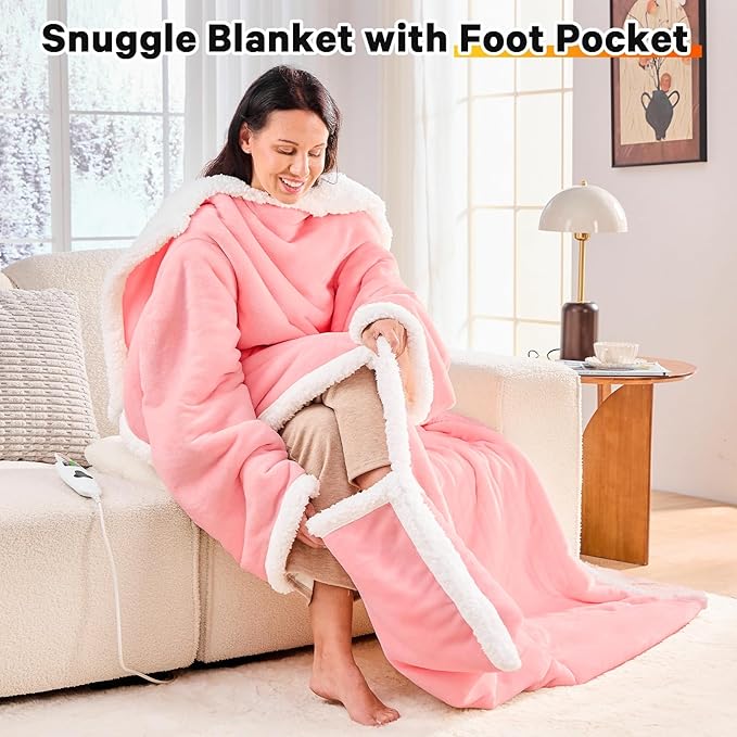 Wearable Heated Throw Blanket Electric Snuggle - Heated Robe with Foot Pocket for Adult, Winter Gifts for Mom Women 5-Position Timer 10-Heating Levels,50 * 70",Pale pink