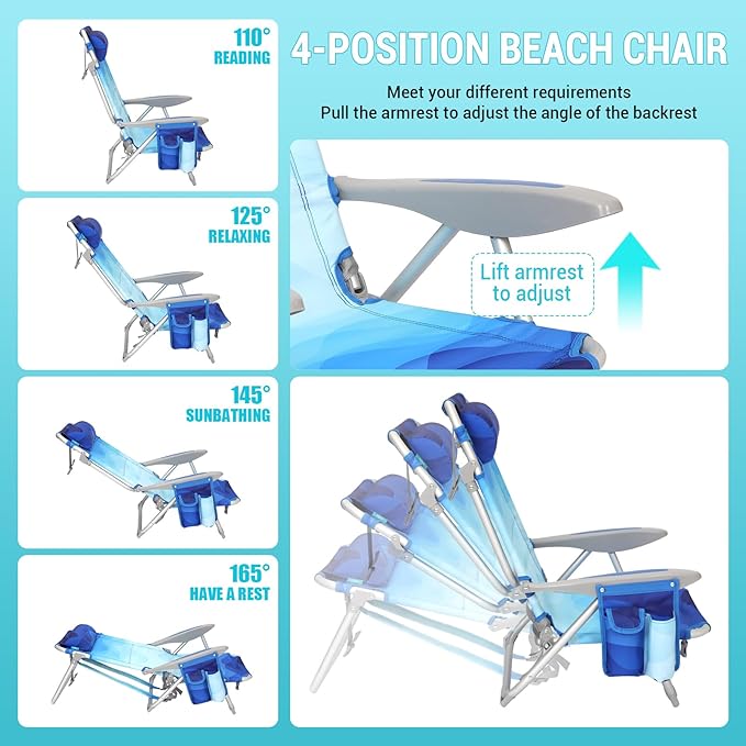 #WEJOY Folding Beach Chair for Adults, 4-Position Aluminum Lightweight Beach Chair, Low Sands Chairs with Shoulder Strap, Cup Holder and Padded Headrest, Supports 265lbs for Lawn