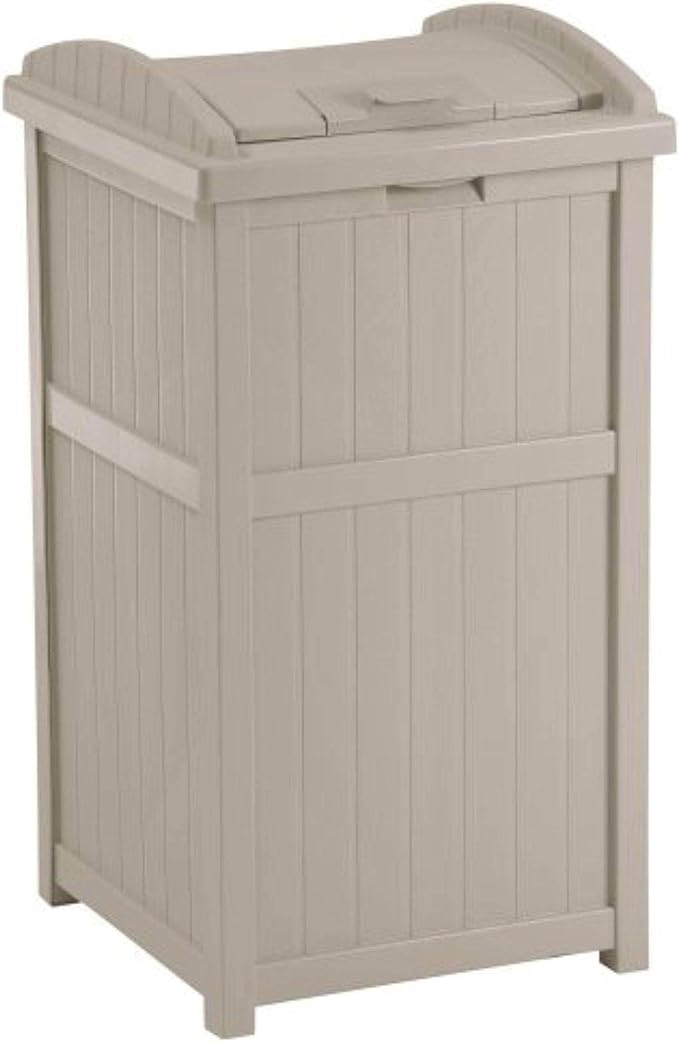Suncast 2 Pack 15.75" x 16" x 31.6" Trash Hideaway 33 Gallon Resin Outdoor Commercial Garbage Container with Lid for Backyard, Deck, or Patio in Taupe